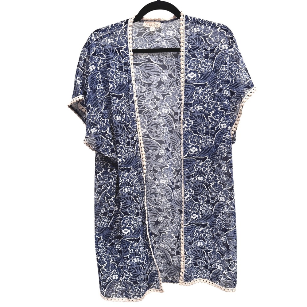 Lavish Floral Kimono Wrap Blue Size Small Boho Beach Mesh Vacation Cover Up - Picture 2 of 7